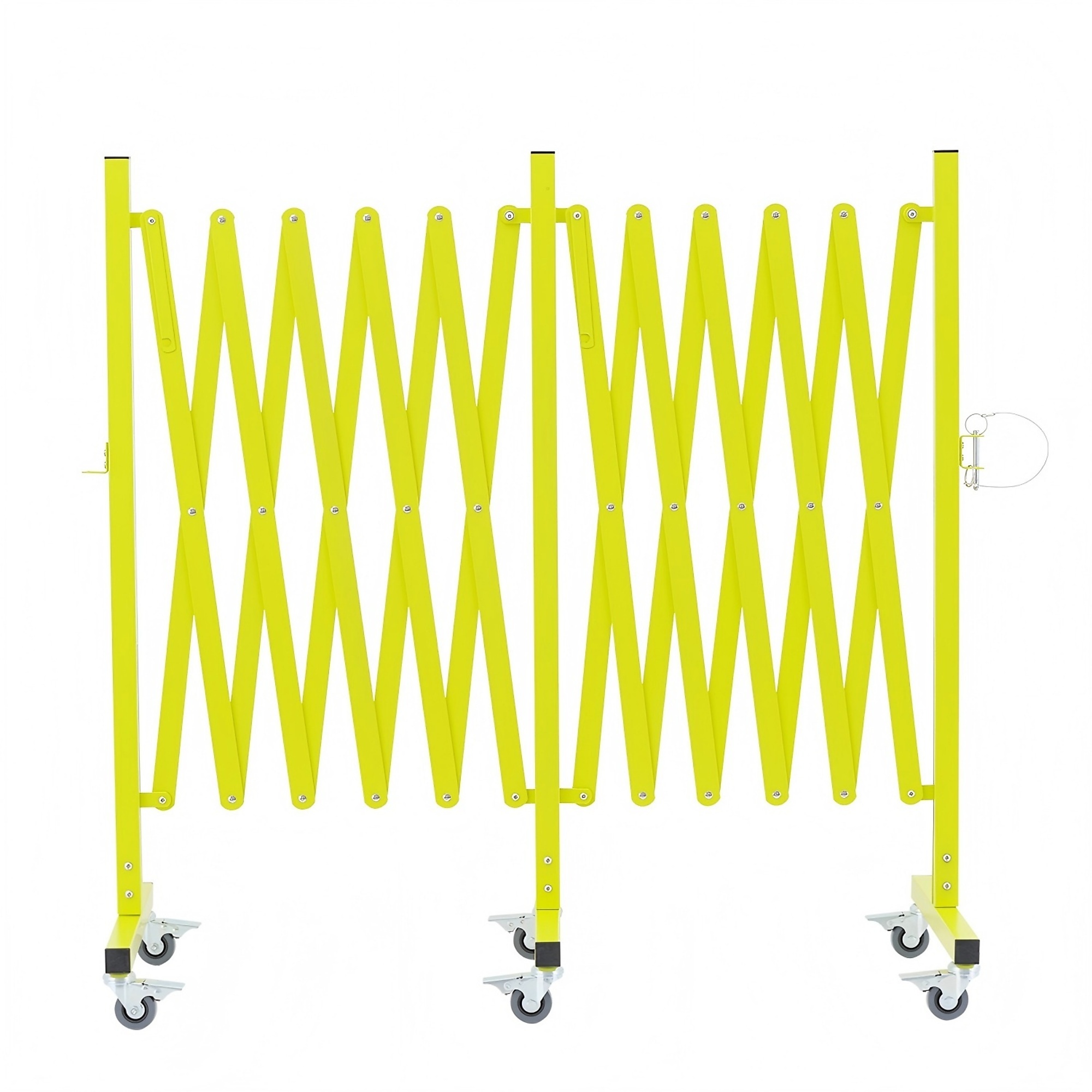 BlackTeck Expandable Metal Barricade — 197in. x 41in., Portable Safety Barrier with Casters, Matte Yellow, Model# N2-F3B2-WT